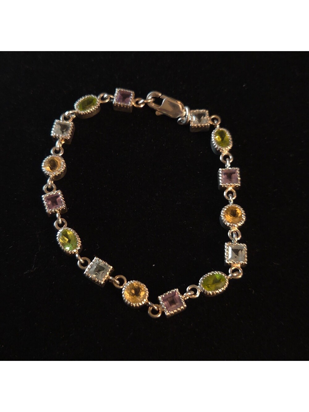 Vintage 7 1/4" Sterling Silver Rainbow Multi-Gemstone Link Bracelet